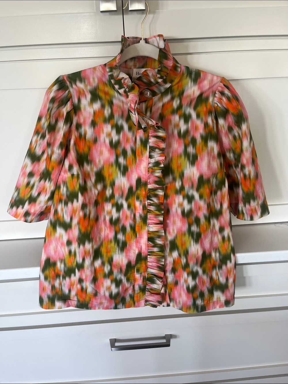 Flowers For Hope Ruffled Front Short Sleeve Floral Blouse in Pink & Olive